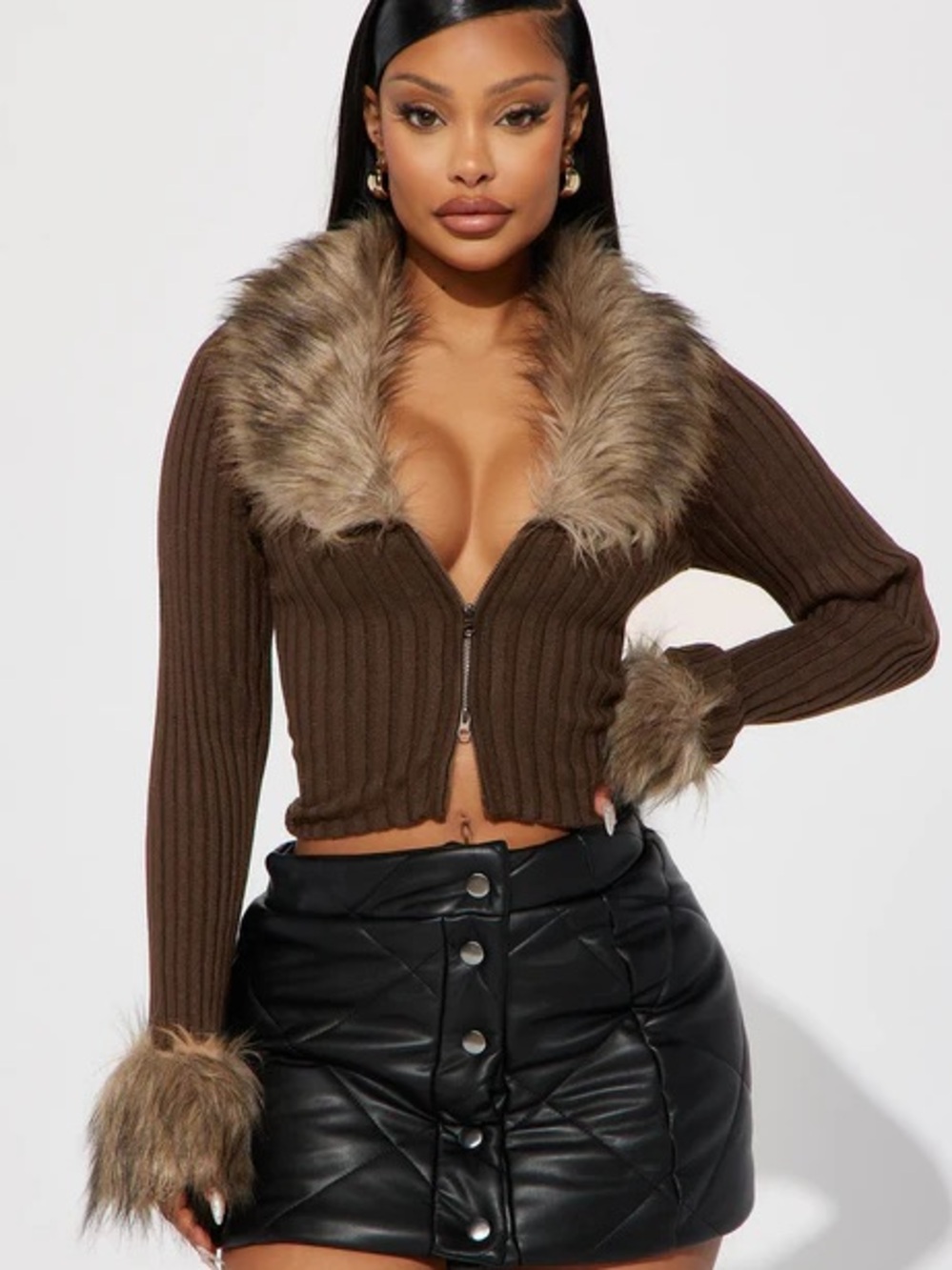 Faux Fur Trim Ribbed Zip-Up Cardigan - Brown